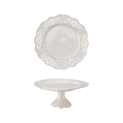 top down view and side view of white pedestal with lace like edge