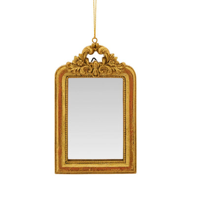 2 gold framed mirror ornaments on a white background