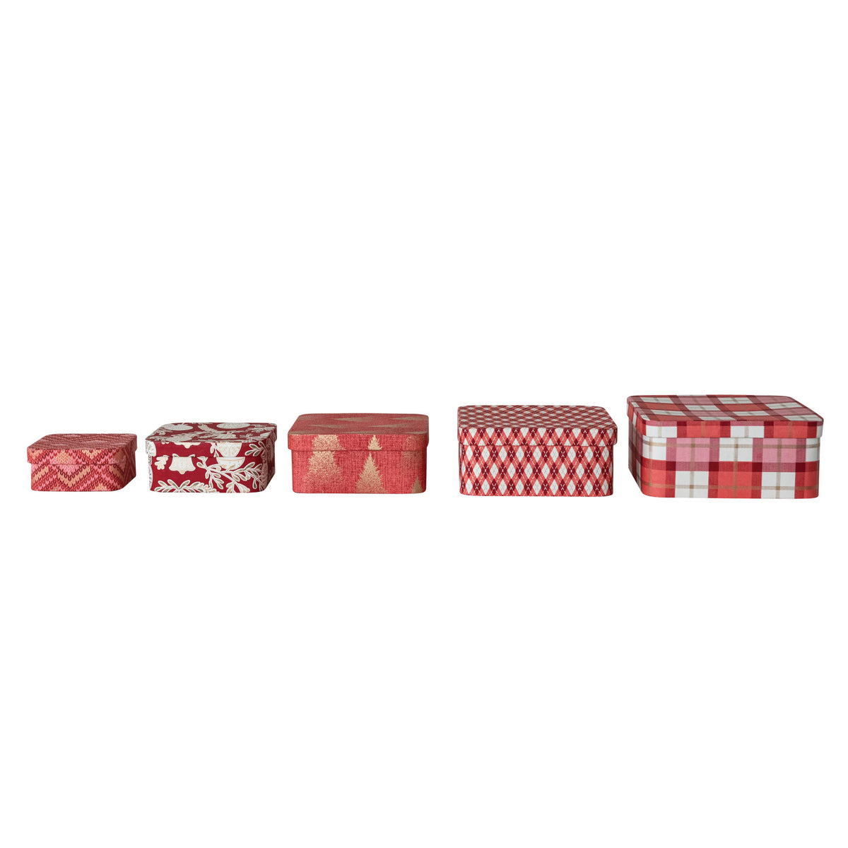 5 gift boxes in a row on a white background
