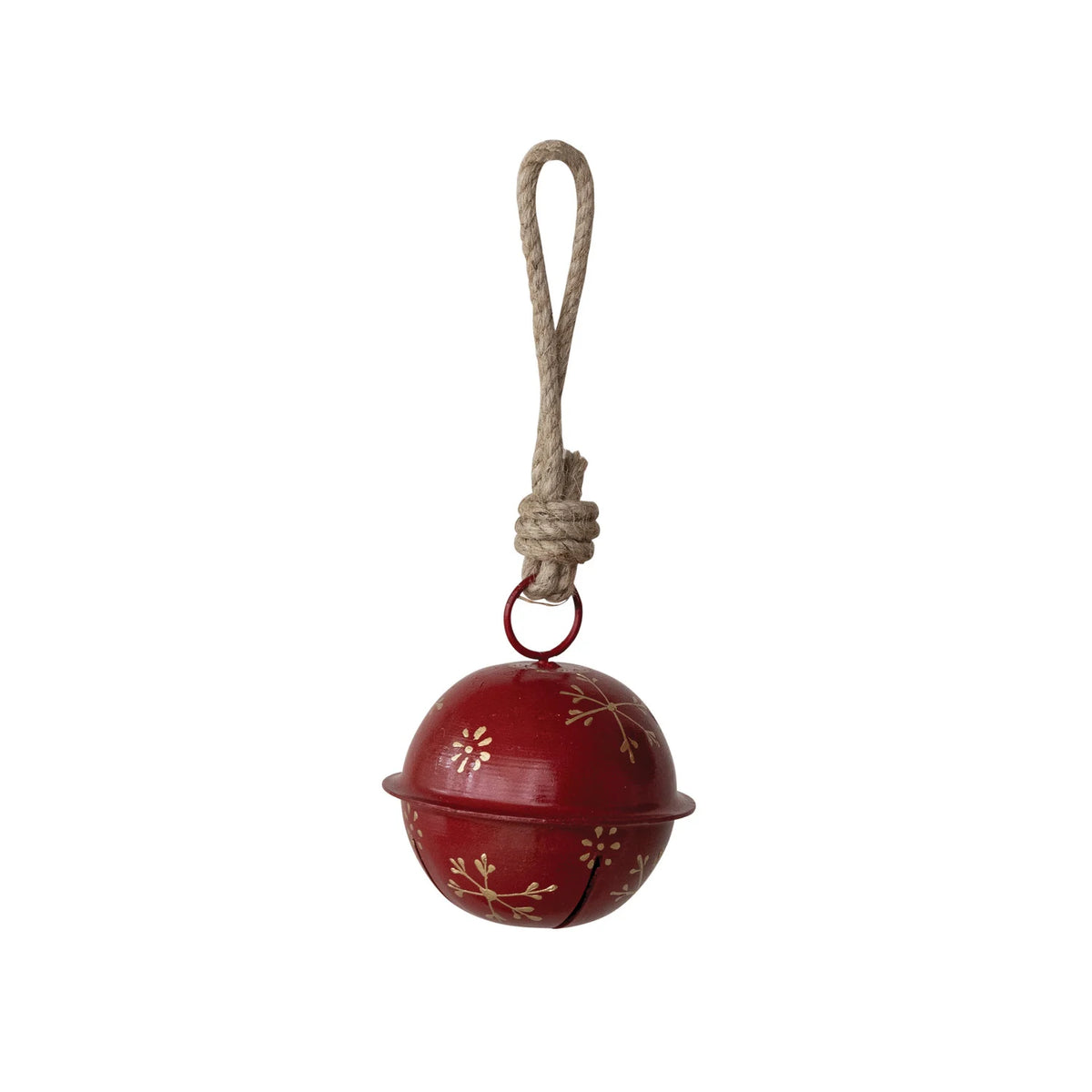 red metal jingle bell ornament with a jute hanger on a white background