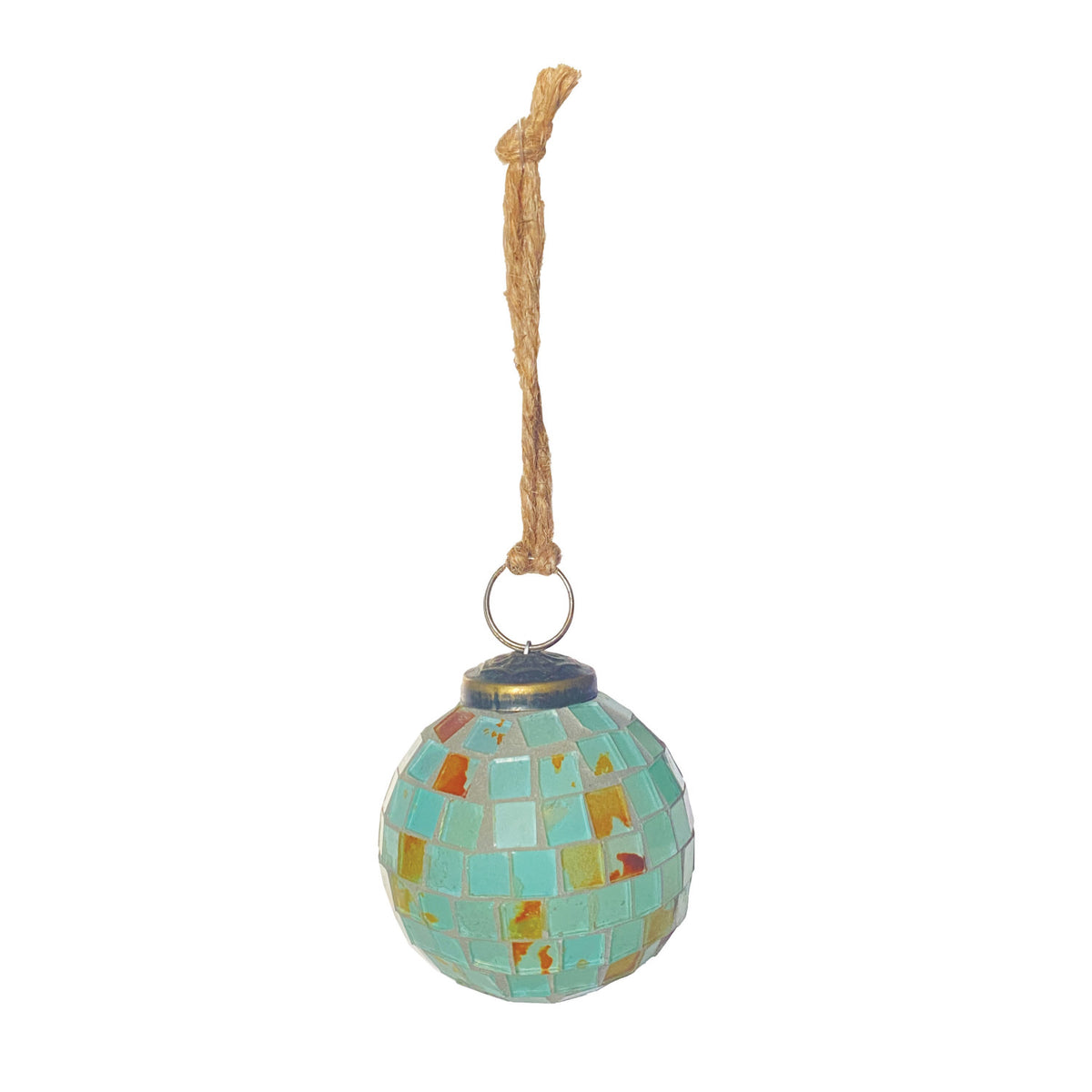 small blue mosaic ball ornament on a white background