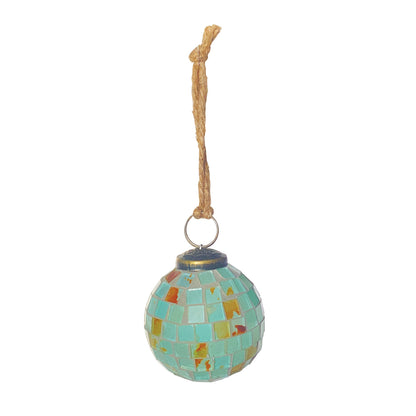 small blue mosaic ball ornament on a white background