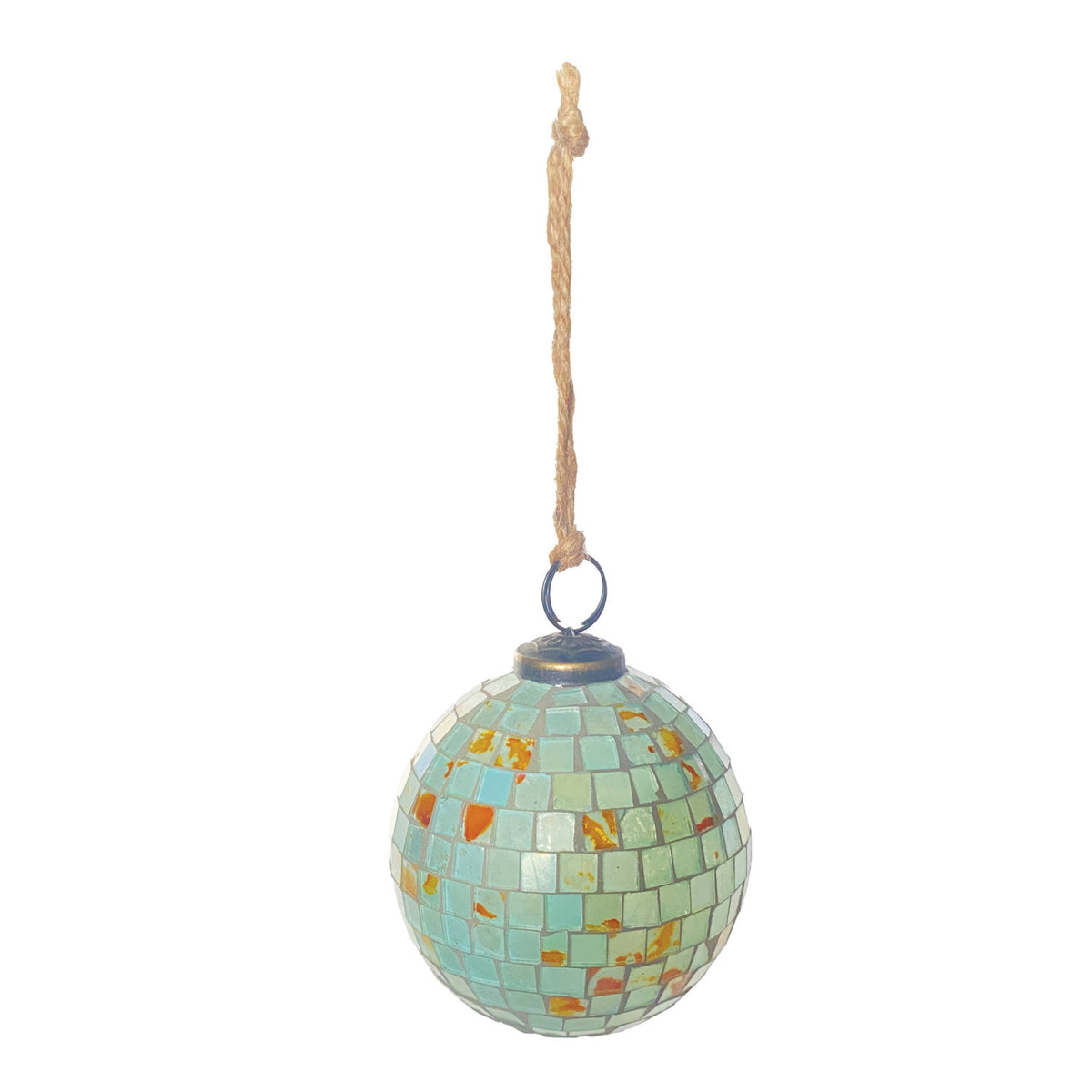 large blue moasic ball ornament on a white background