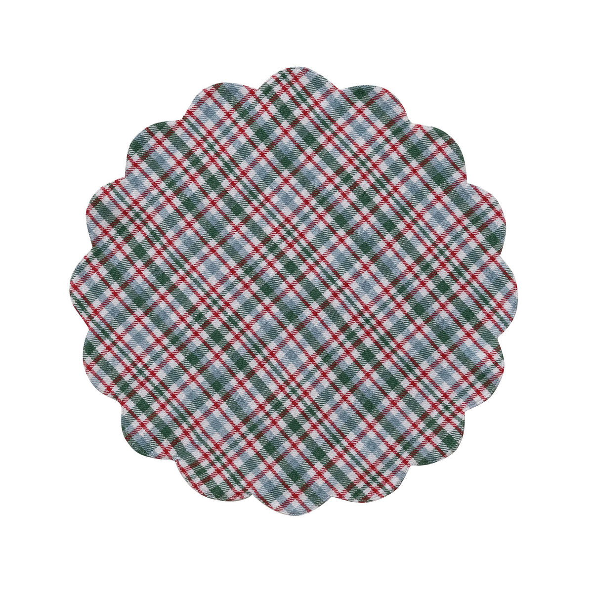 red blue green and white plaid patterned placemat with a scalloped edge.