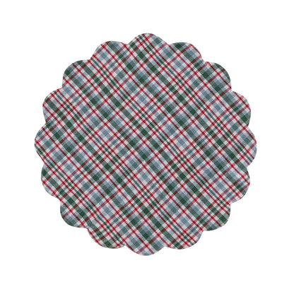 red blue green and white plaid patterned placemat with a scalloped edge.