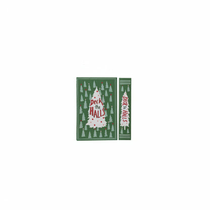 cover and spine views of green book box titled 'deck the halls' with tree and star design