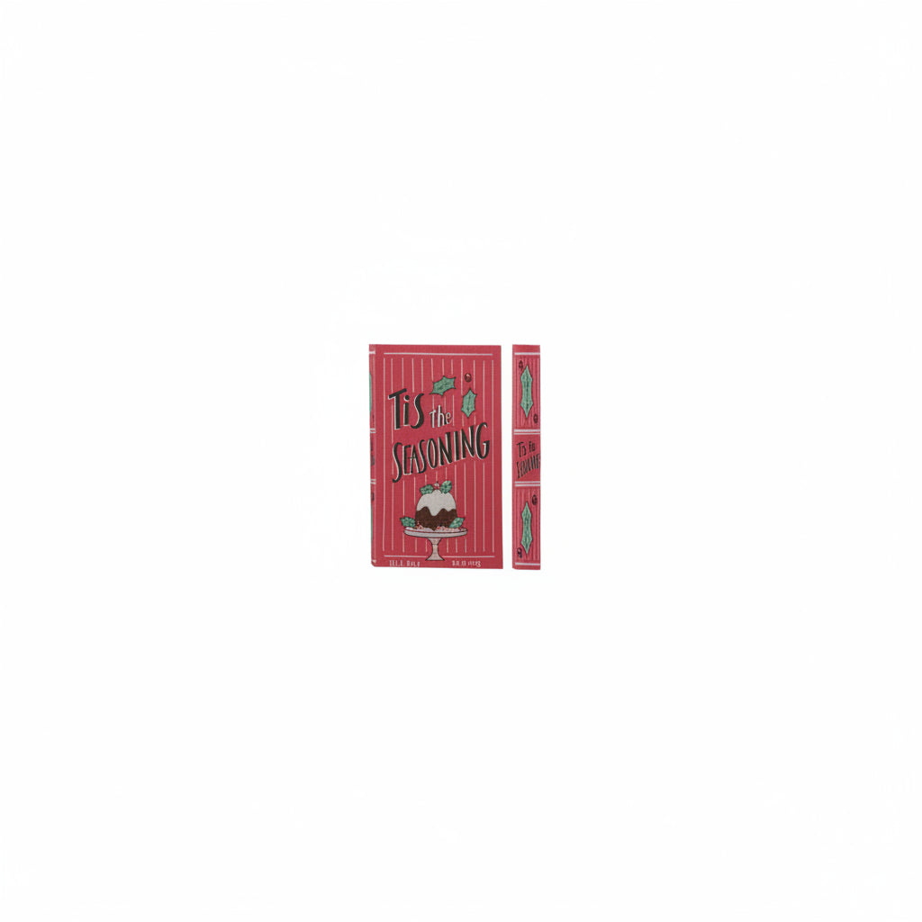 cover and spine views of red book box titled 'tis the seasoning' with holiday cake design