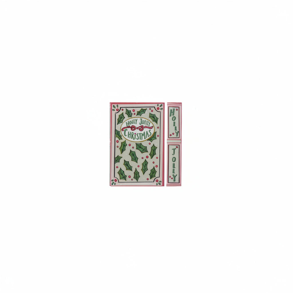 cover and spine views of red book box titled 'holly jolly christmas' with holy leaf and berry design
