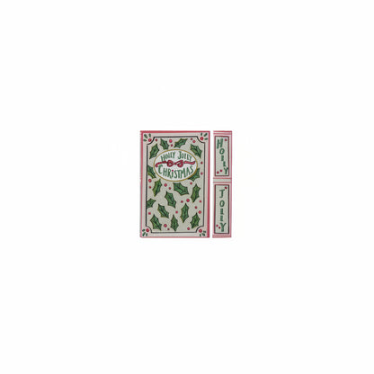cover and spine views of red book box titled 'holly jolly christmas' with holy leaf and berry design
