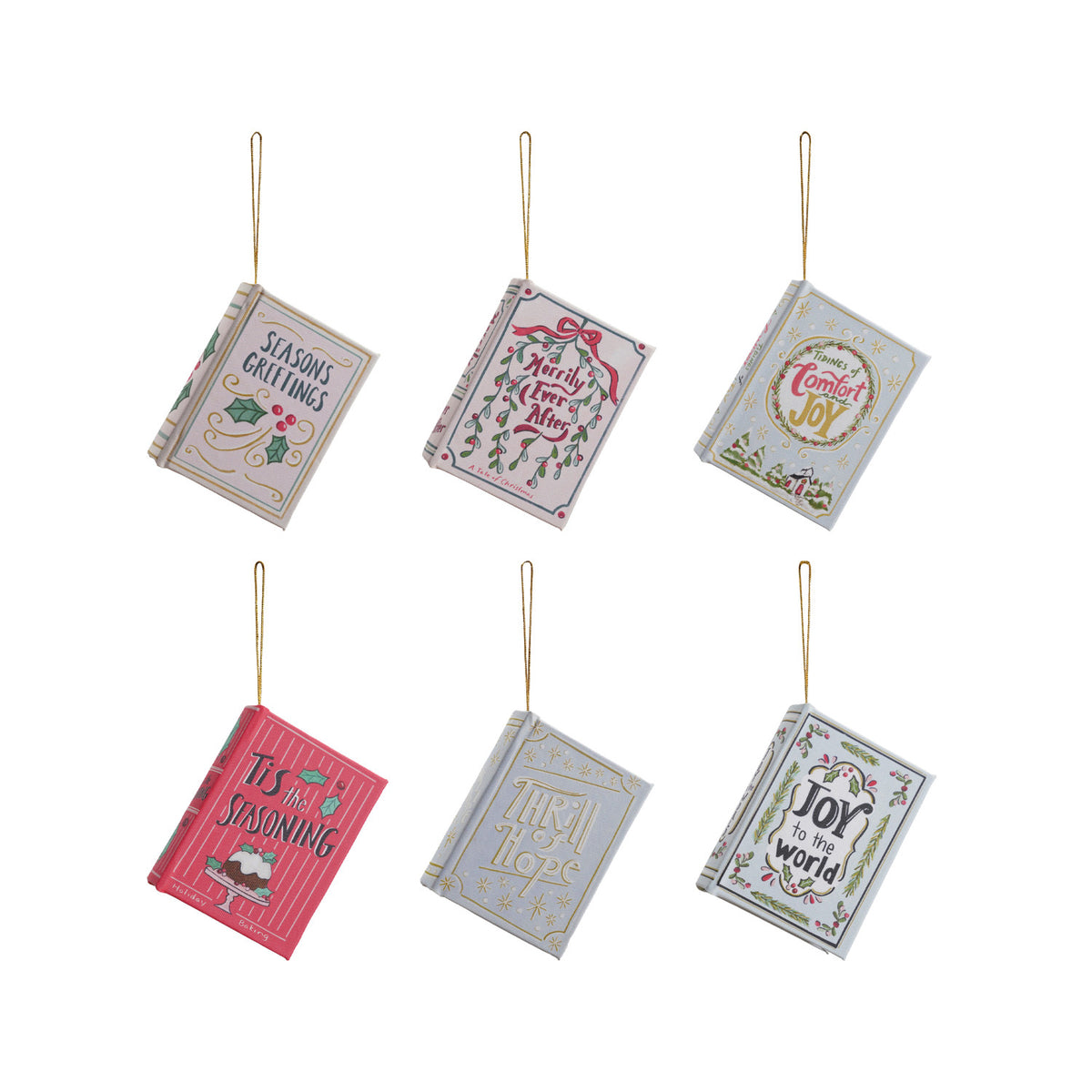 6 book ornaments on a white background