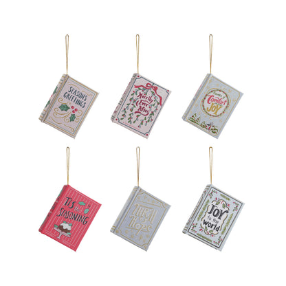6 book ornaments on a white background