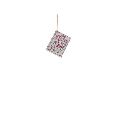 book ornament with off-white cover tilted "merrily ever after' with greenery and a red bow design
