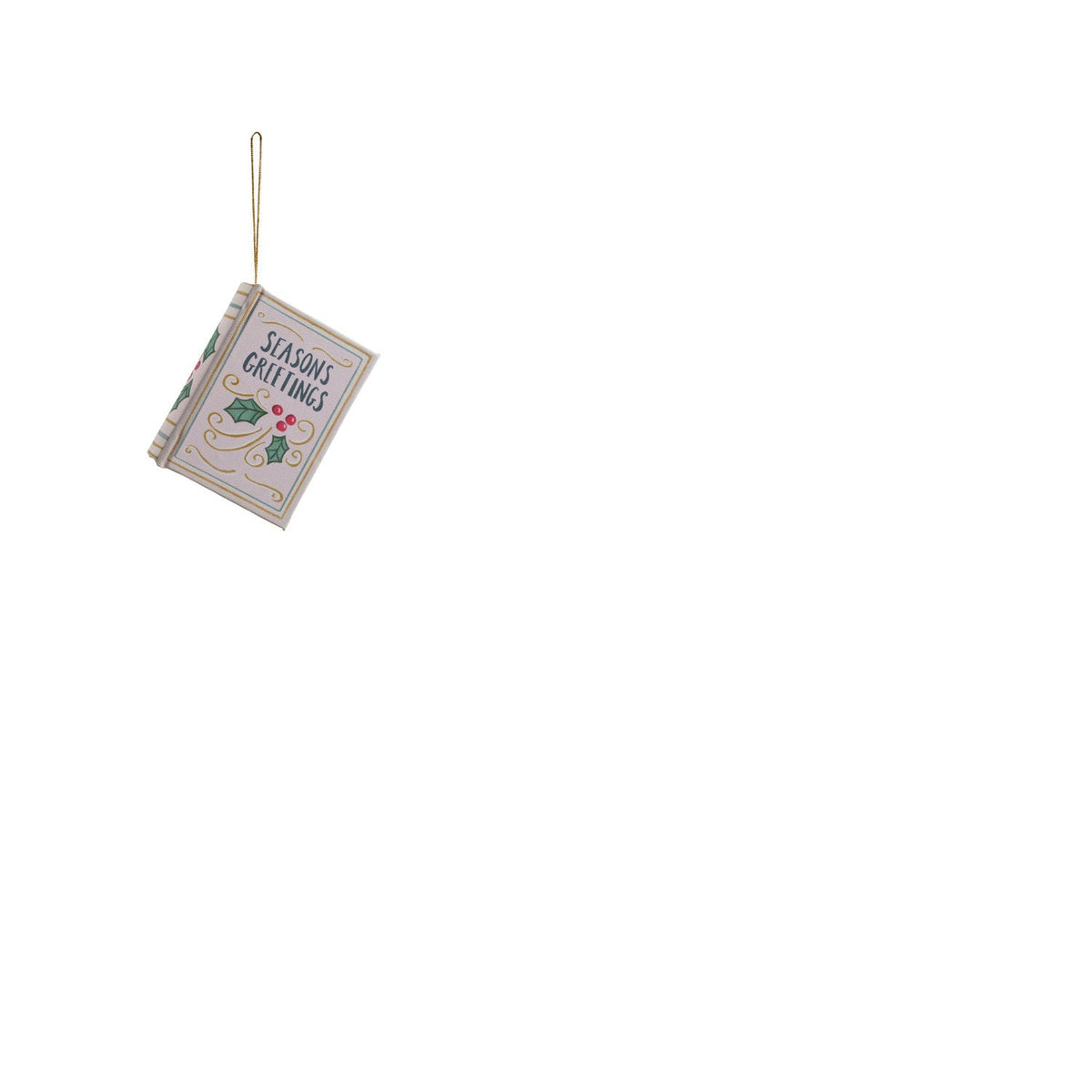book ornament with off-white cover titled 'season's greetings with holly and berry art