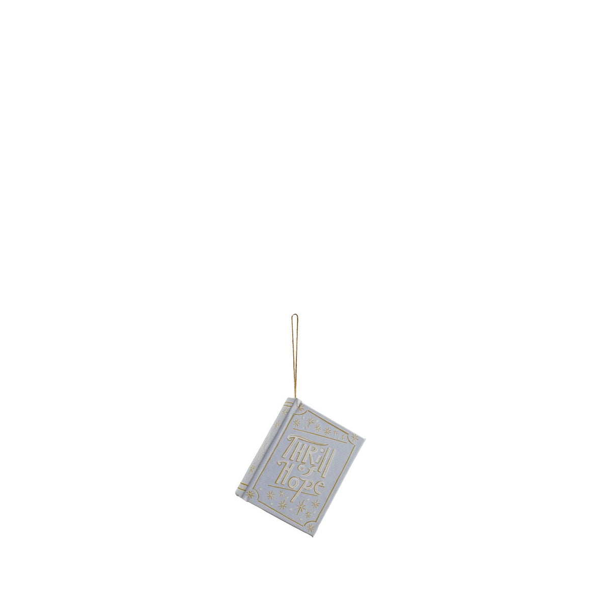book ornament with pale blue cover tilted thrill of hope and gold snowflake design