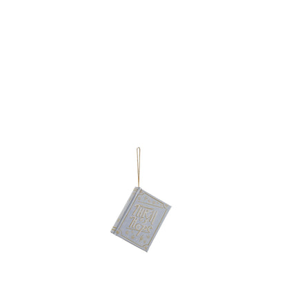 book ornament with pale blue cover tilted thrill of hope and gold snowflake design