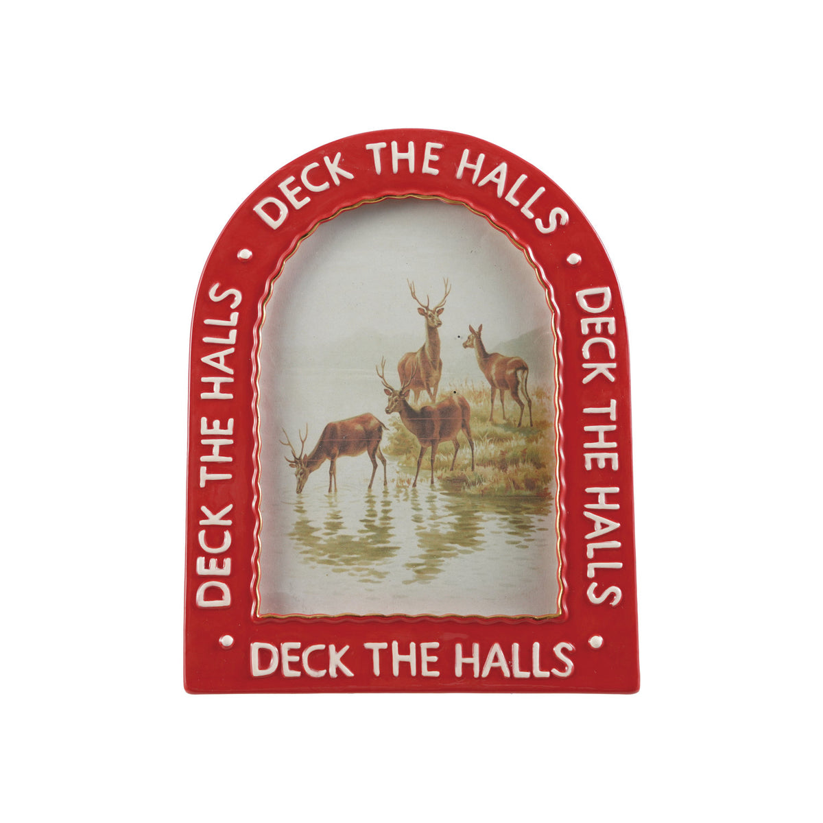 red deck the halls arched photo frame with an image of deer in frame