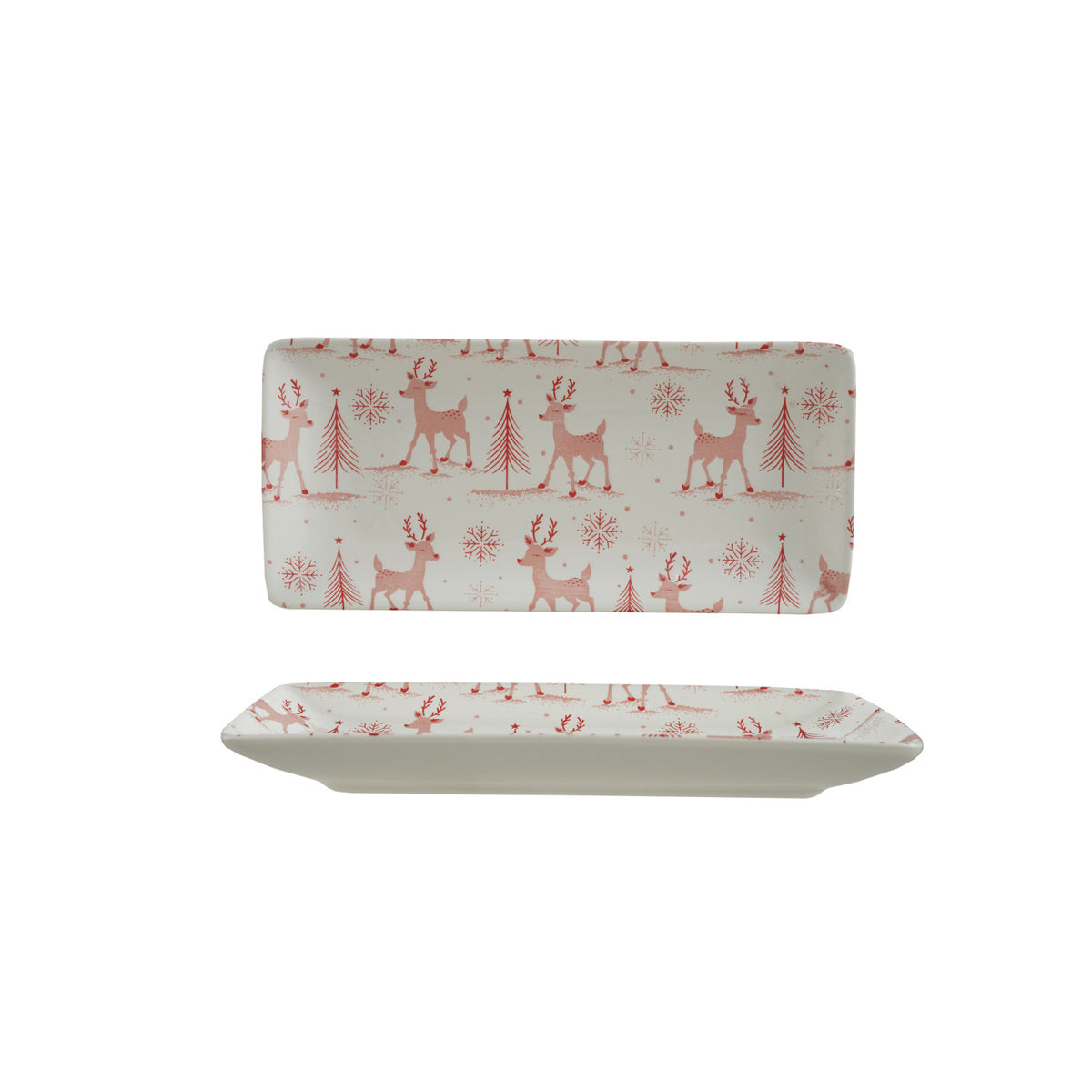 top down and side view of pink and white reindeer platter