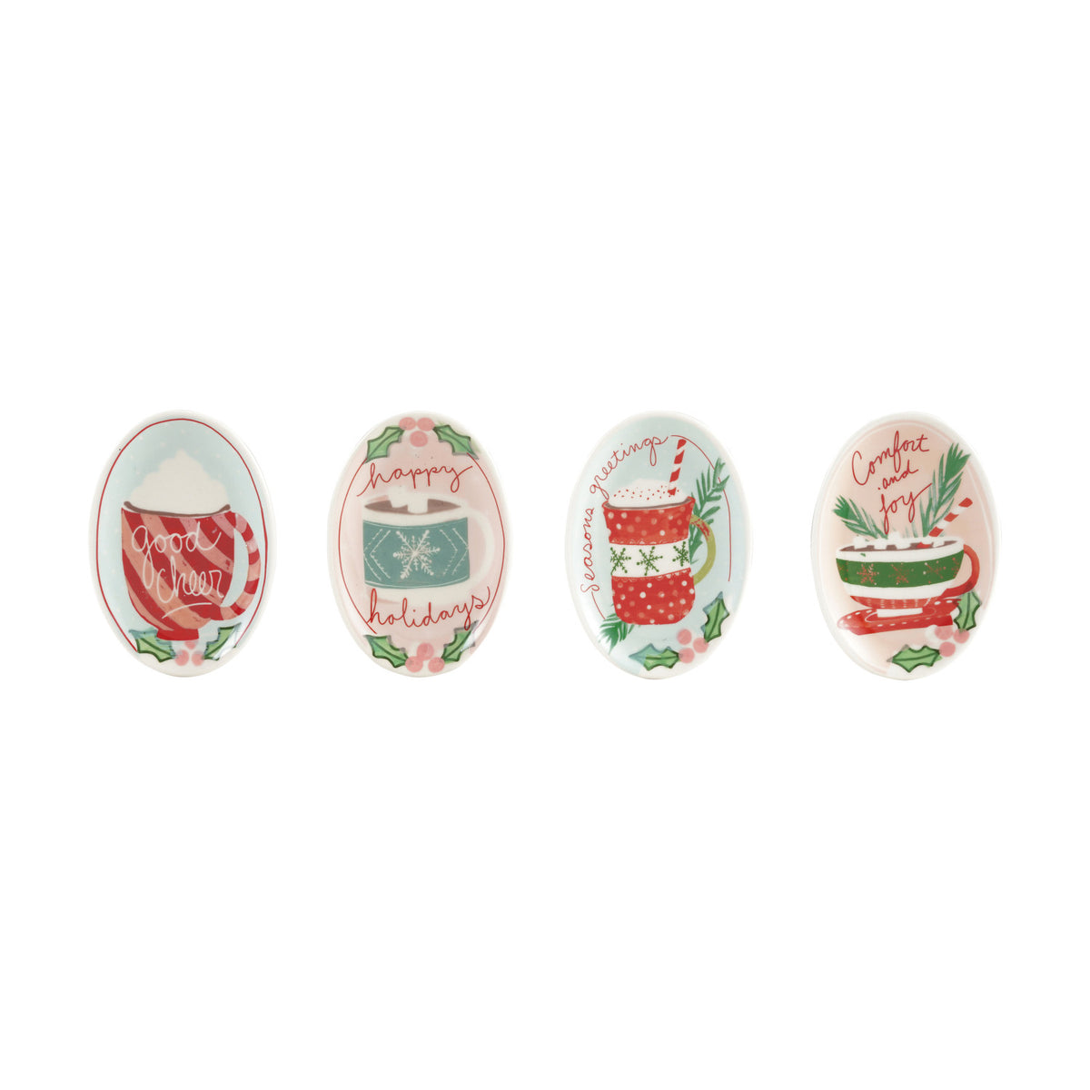 4 trinket dishes with christmas designs in a row against a white background