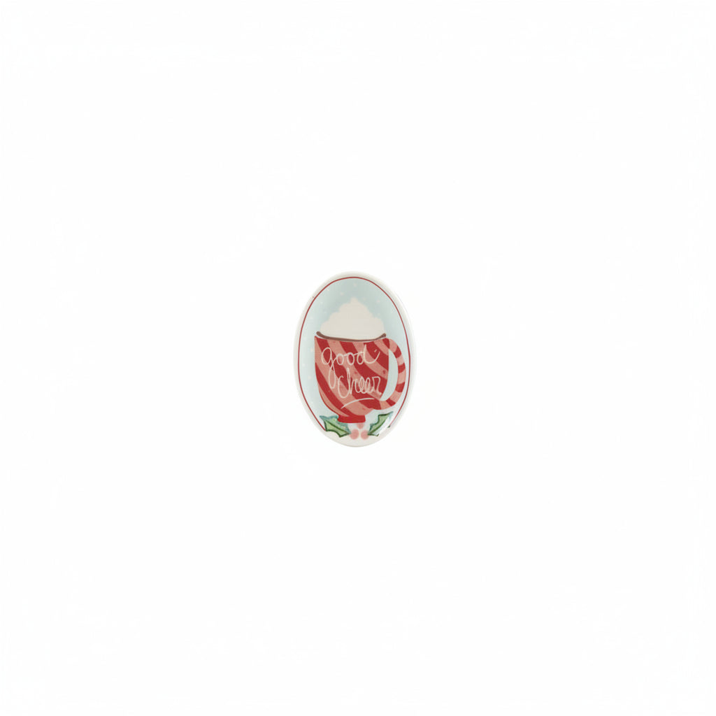 small oval dish with red and pink mug design and "good cheer" printed on it
