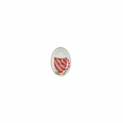 small oval dish with red and pink mug design and "good cheer" printed on it