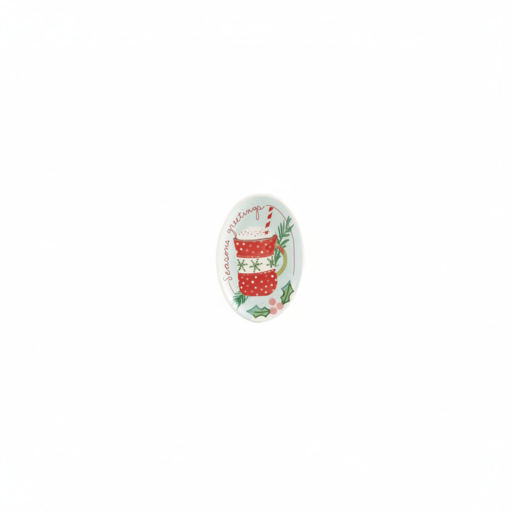 small oval dish with red and white mug design and "season's greetings" printed on it