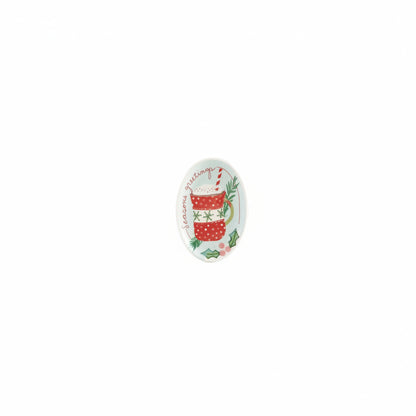 small oval dish with red and white mug design and "season's greetings" printed on it