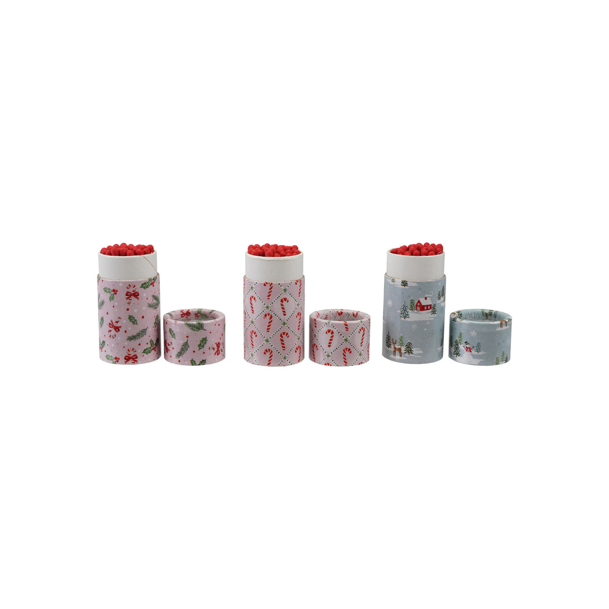 3 different match tubes next to their caps on a white background