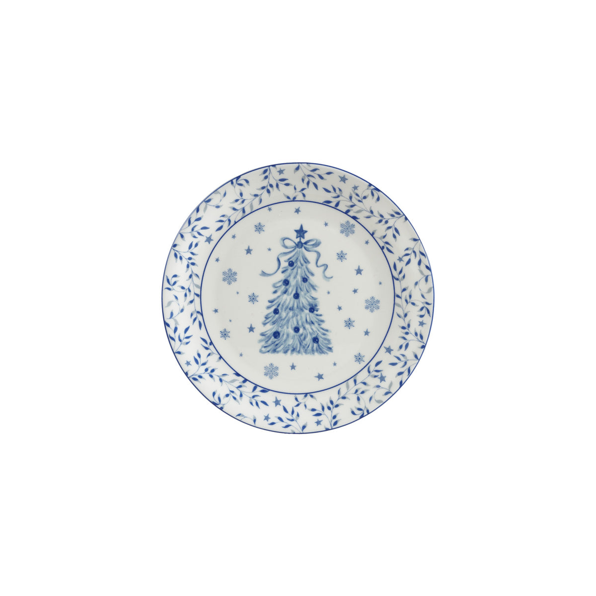 white plate with a blue christmas tree, blue snowflakes, and blue botanicals with stars