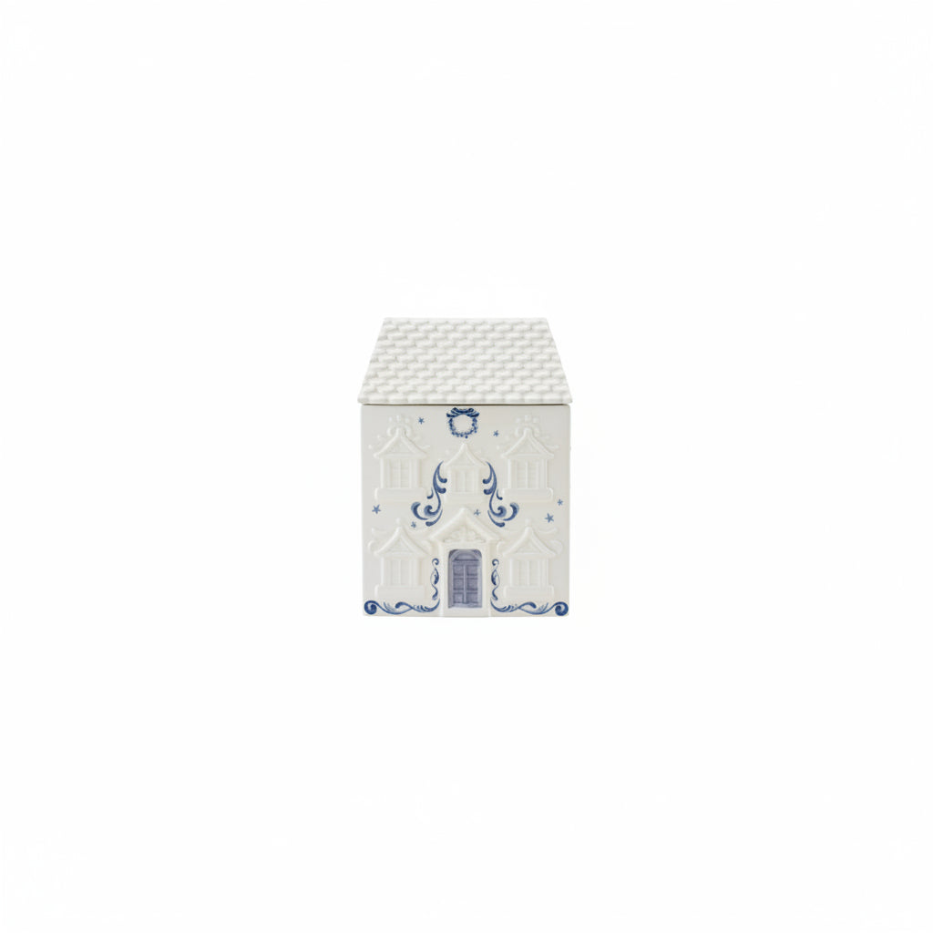 front view of house shaped cookie jar