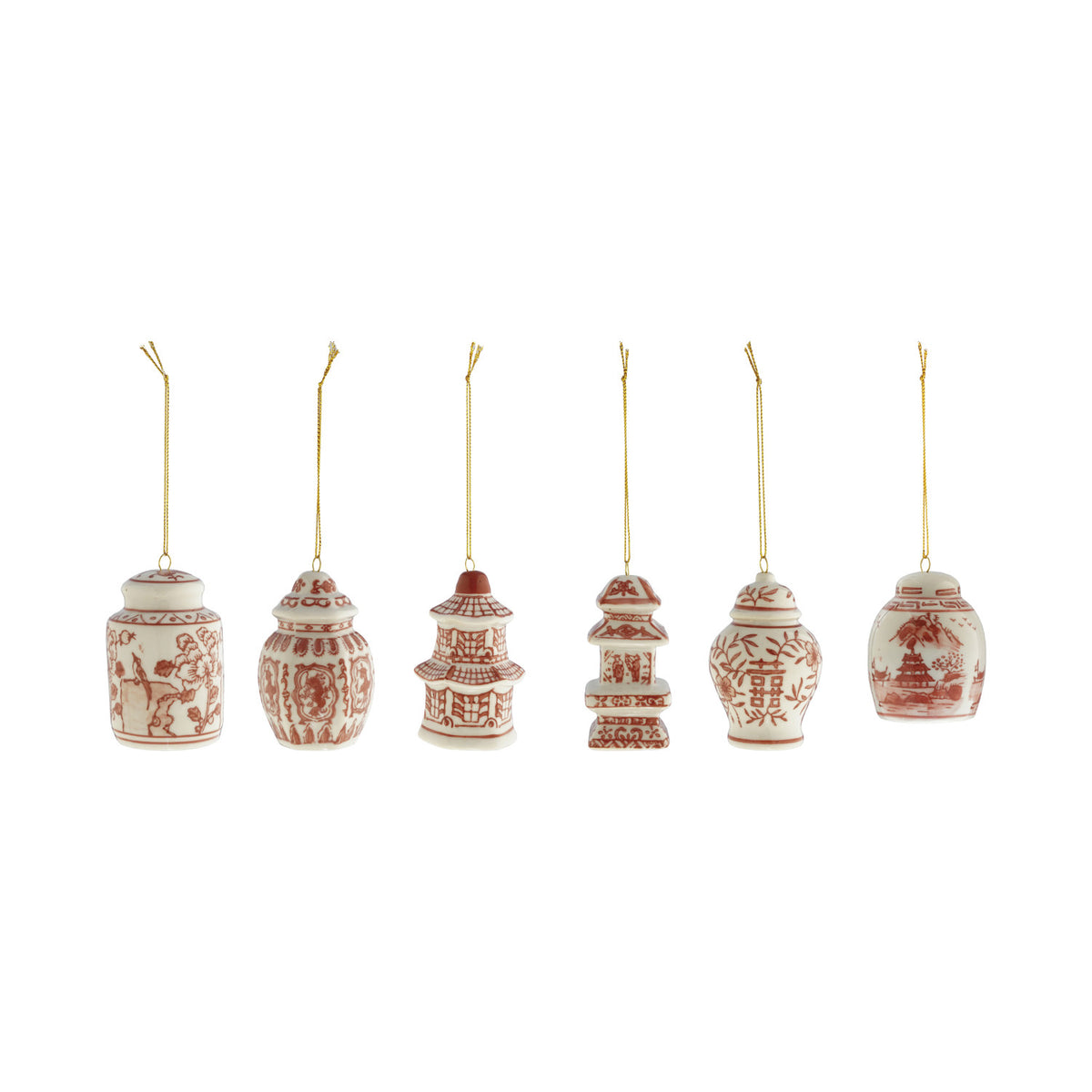 6 red and white ginger jar ornaments in a row on a white background