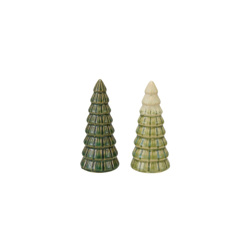 2 green ceramic trees on a white back ground