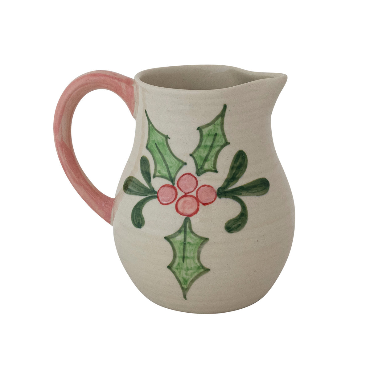 other side of Ceramic pitcher with holly design on a white background