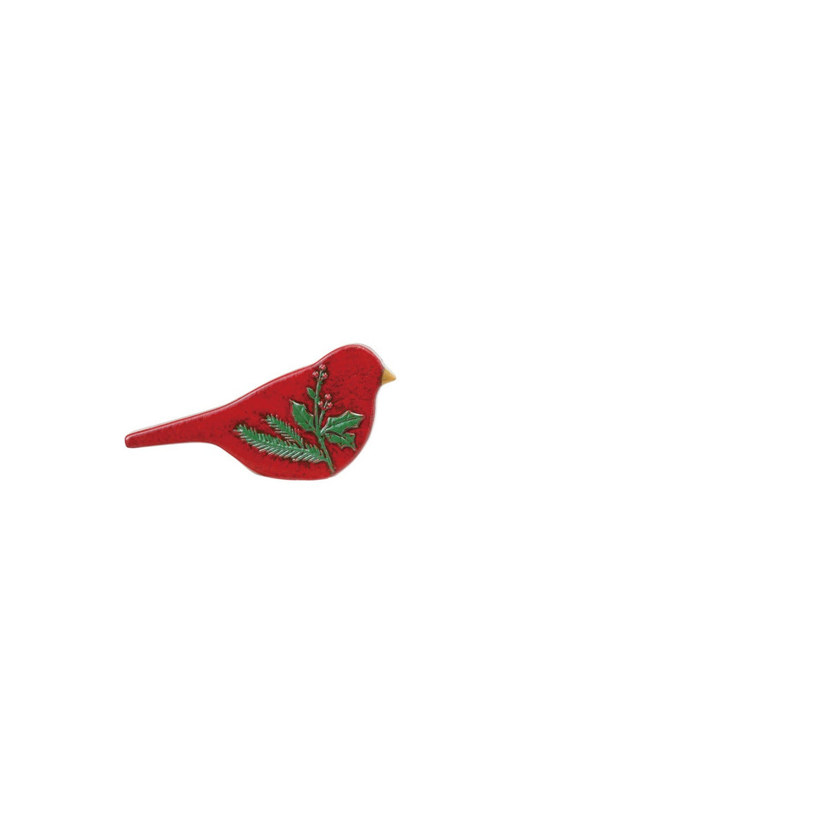red bird sitter with holly branch design on its body