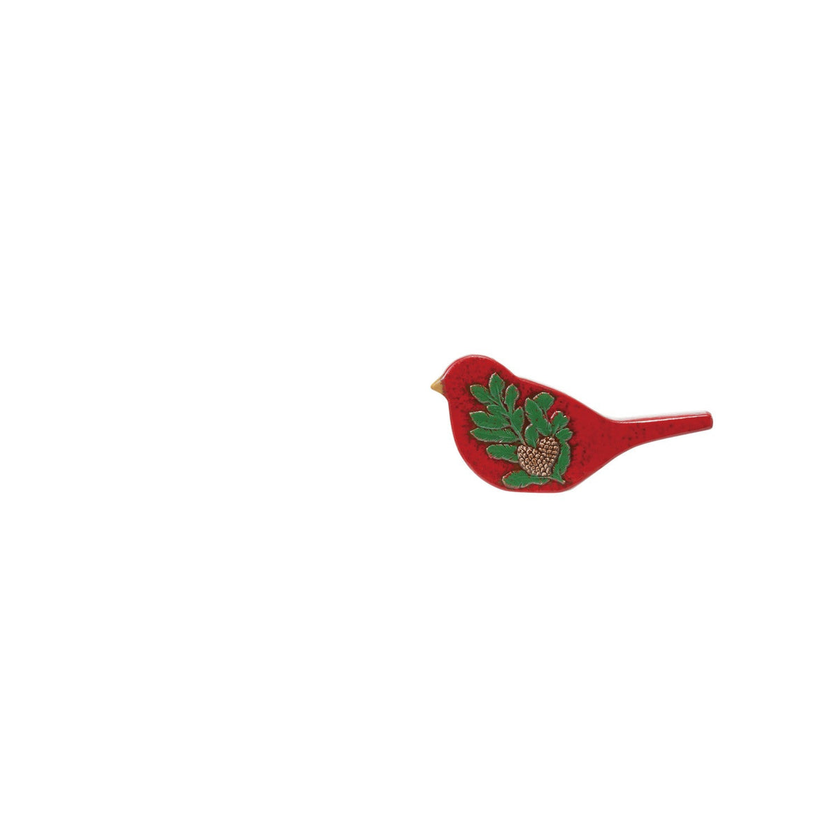red bird sitter with pinecone branch design on its body