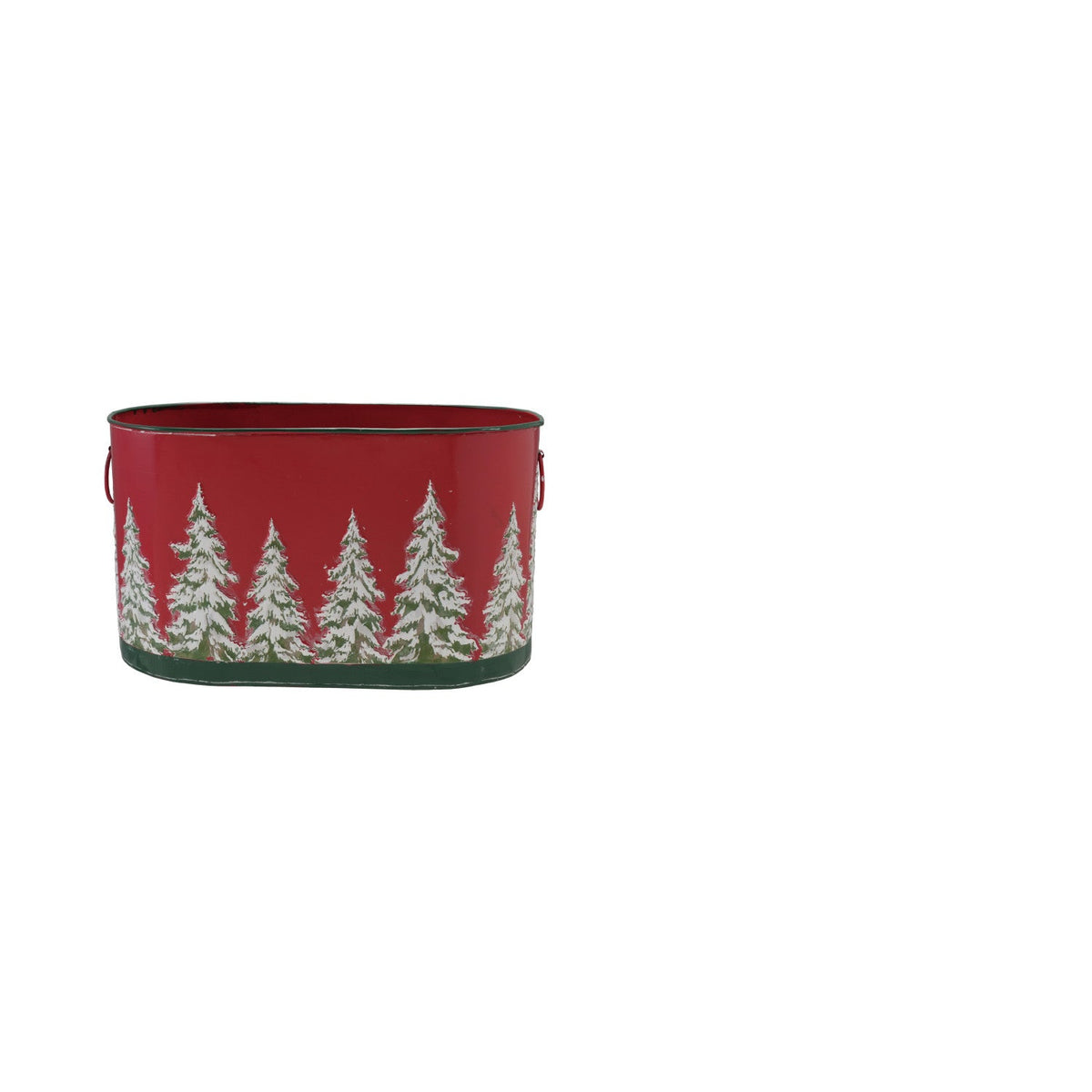 larger red metal bucket with green snow-covered trees embossed on it