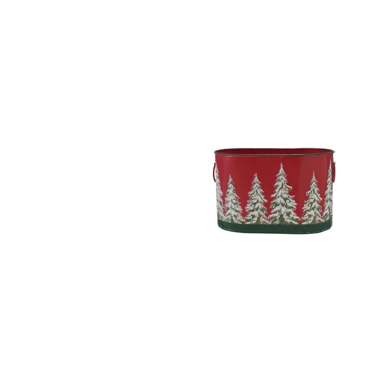 small red metal bucket with green snow-covered trees embossed on it