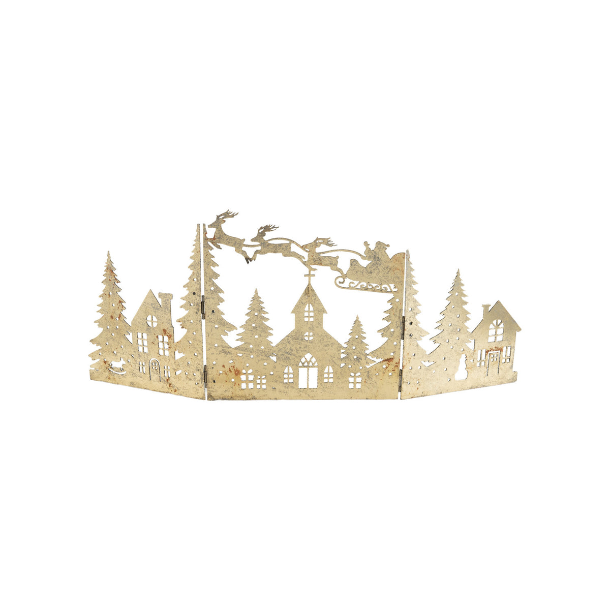 Distressed Gold Mantle Scene with Santa & Reindeer on a white background