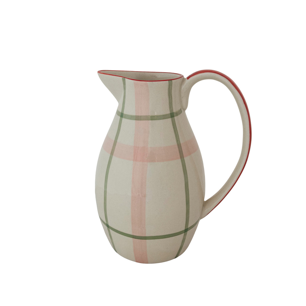 Stoneware Pitcher with pink and green Plaid Pattern on a white background