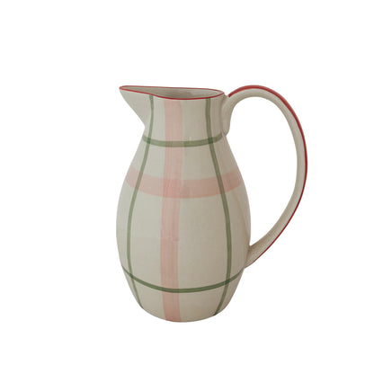Stoneware Pitcher with pink and green Plaid Pattern on a white background
