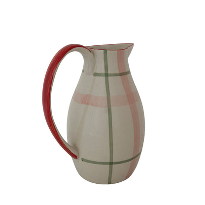 angled view of the Stoneware Pitcher with Plaid Pattern