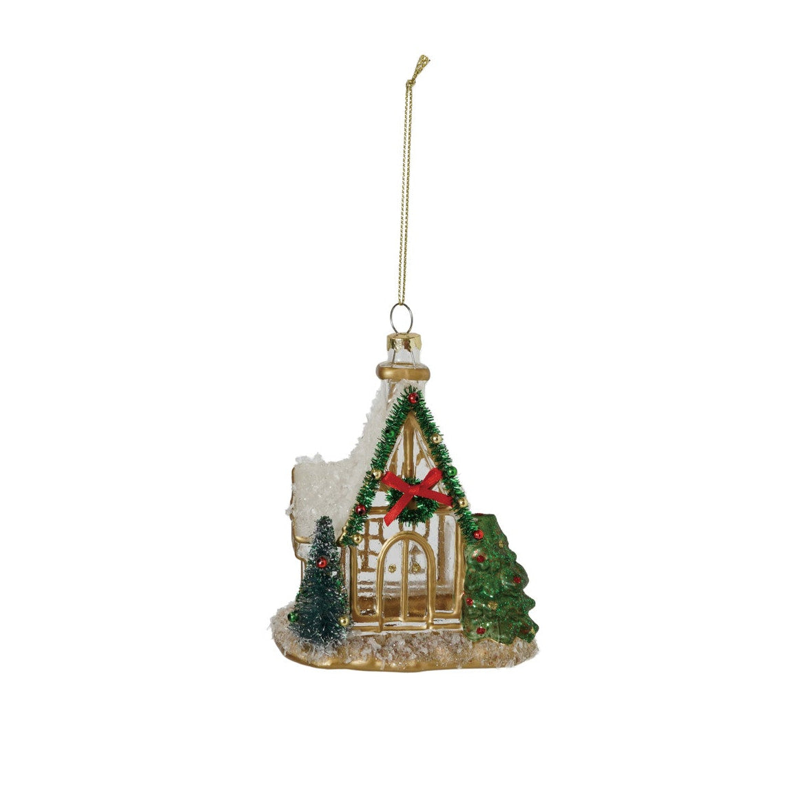 Christmas ornament shaped like a church with a red bow, trees, and snow on a white background.