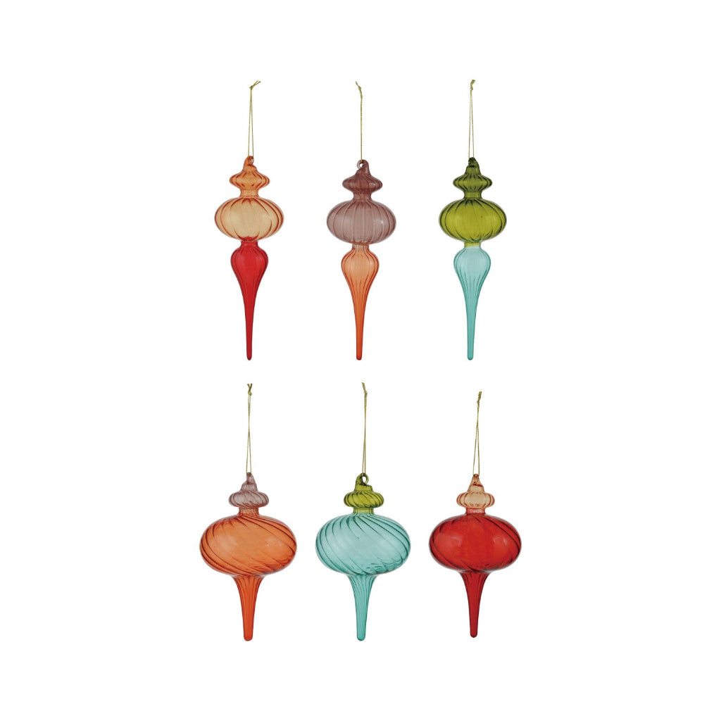 colorful glass finial Christmas ornaments on a white background