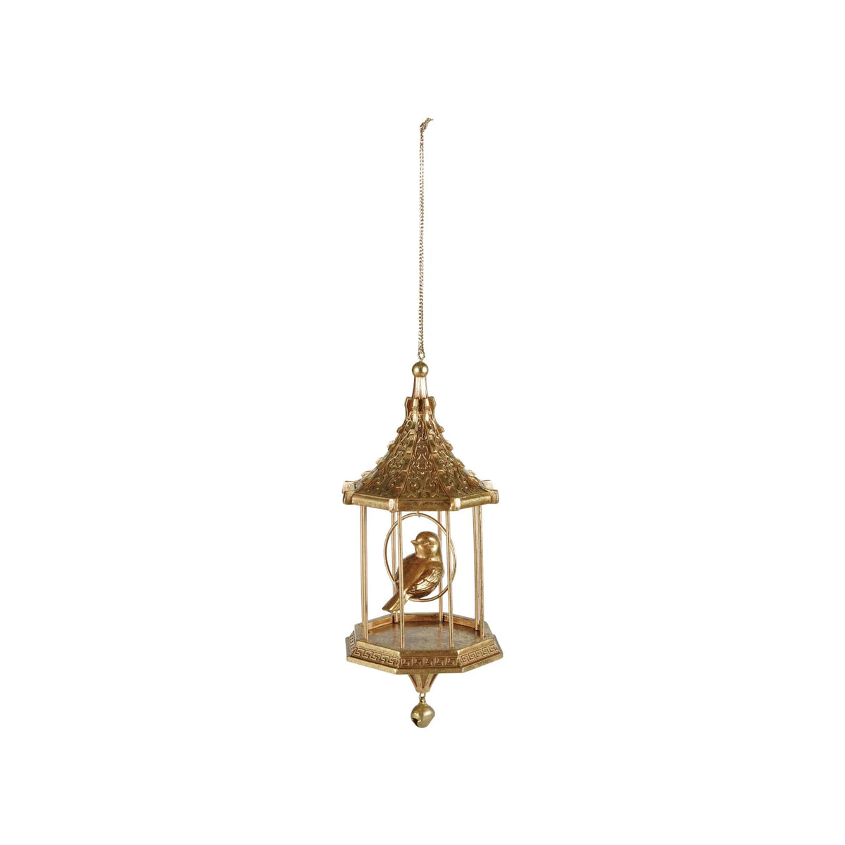 bird in birdcage ornament shown on a white background
