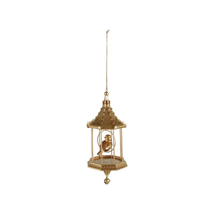 bird in birdcage ornament shown on a white background
