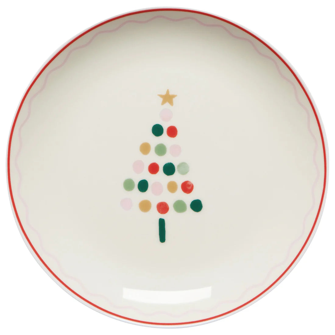 white appetizer plate with colorful dotted tree tree in the center.