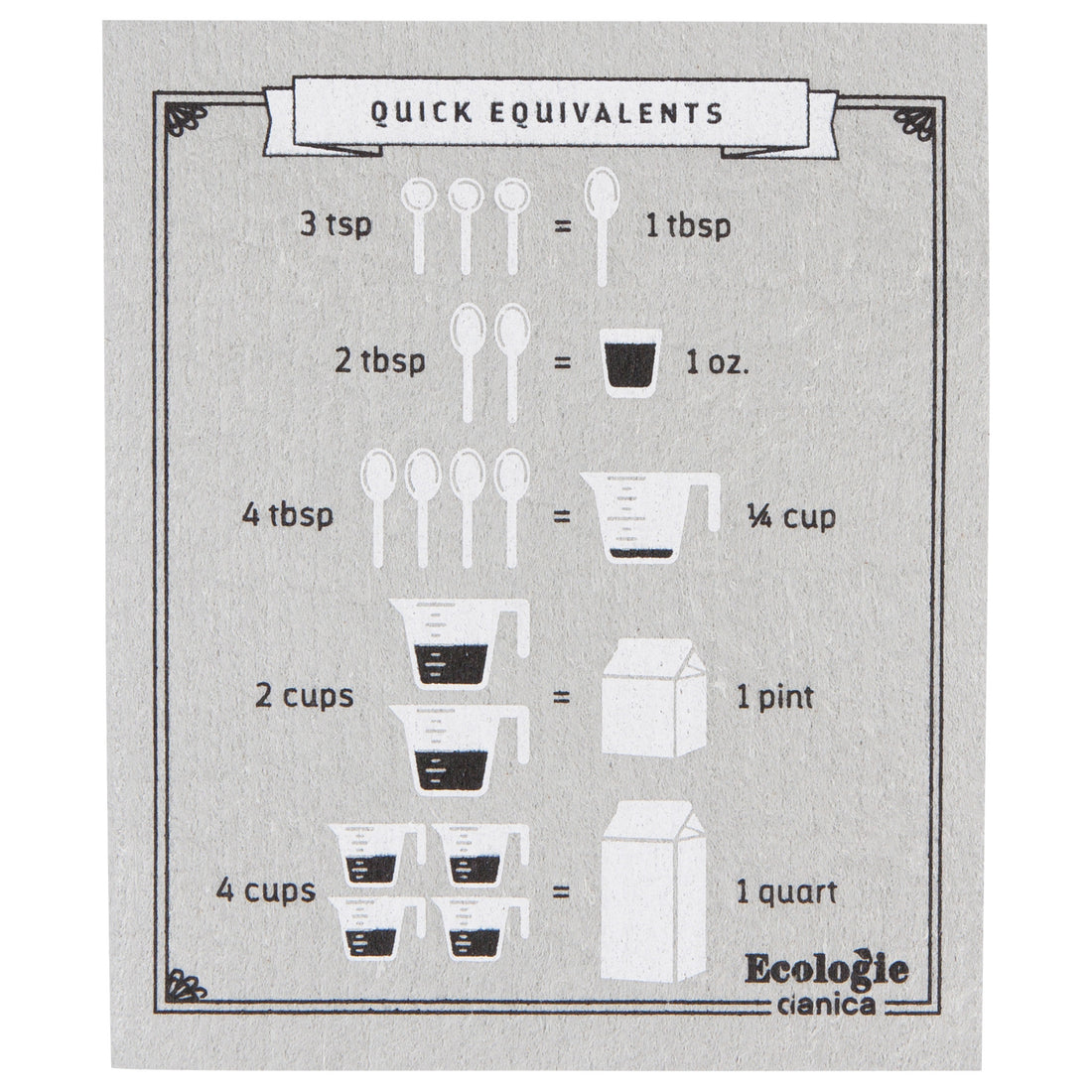 grey dishcloth with cooking conversions printed on it