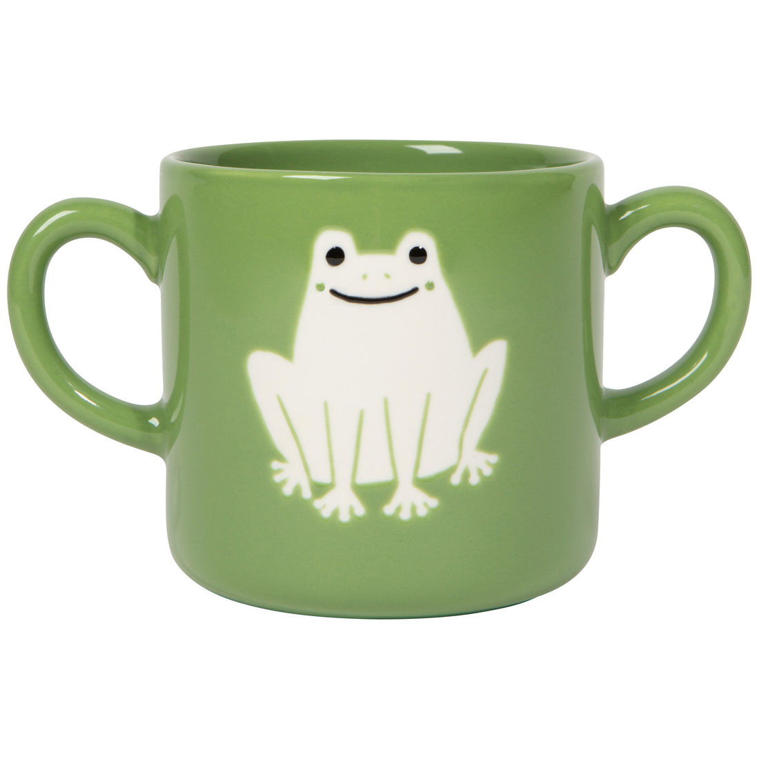 green mug with two handles and a white frog on it