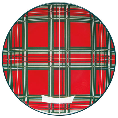 red plate with green and white plaid design.