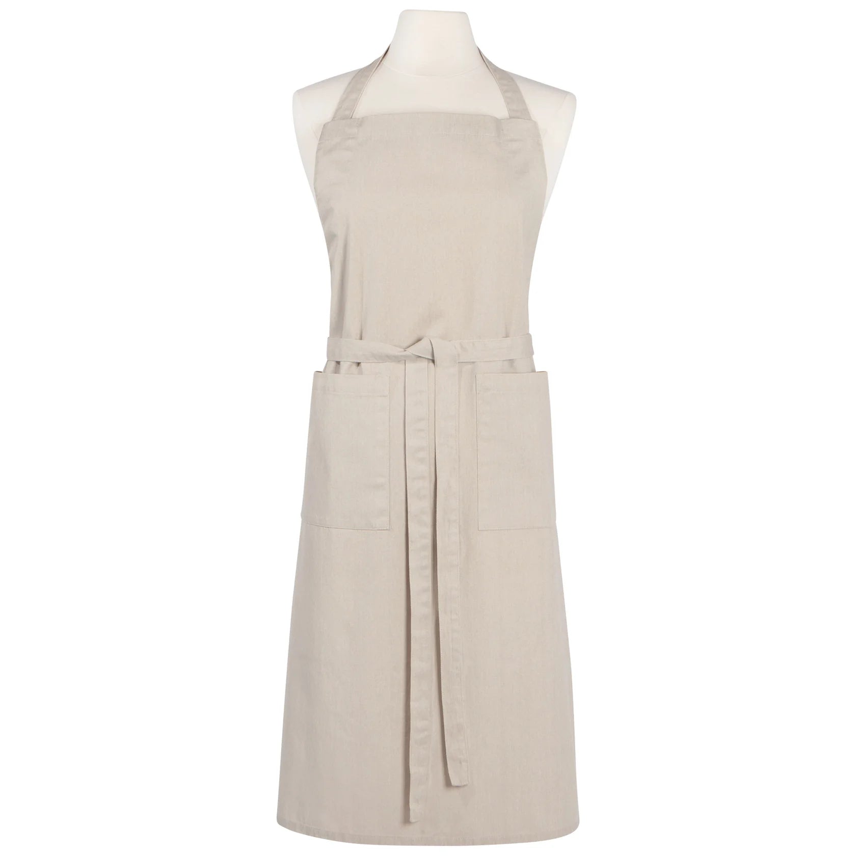 A grey cotton apron with front pockets and adjustable neck strap on a mannequin.