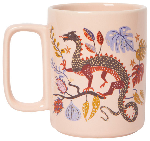 other side of tall blush mug with dragon and floral design in shades of purple and orange.